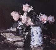 Samuel John Peploe Roses in a Blue and White Vase,Black Background painting
